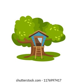 Treehouse, hut on green tree for kids outdoor activity and recreation, vector Illustration on a white background