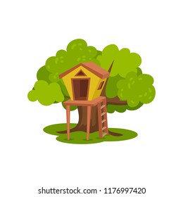 Treehouse, hut on tree with ladder for kids outdoor activity vector Illustration on a white background