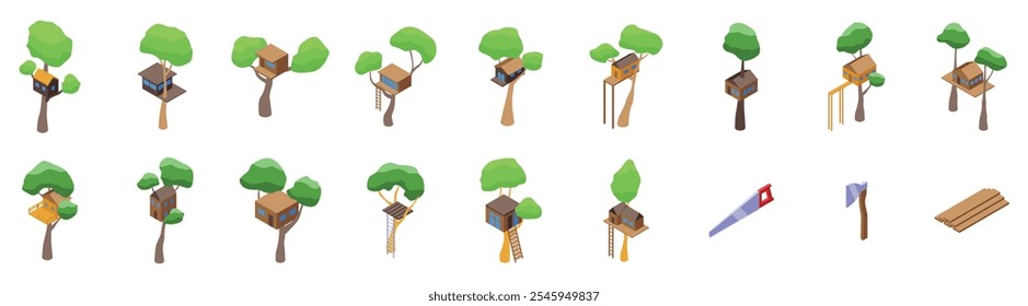 Treehouse icons set. Isometric tree house icons set with various designs, ladders, and building tools like saw, axe, and planks