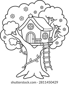 Treehouse illustration with ladder and window in a tree treehouse illustration