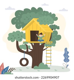 Treehouse for kids or children. Handsome boy built and plays in tree house. Tree home games and parties for children. Summer playground among green leaves. Happy preschooler. Flat vector illustration