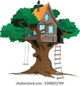 A treehouse with a ladder and a swing