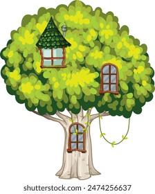 Treehouse nestled in a vibrant green tree