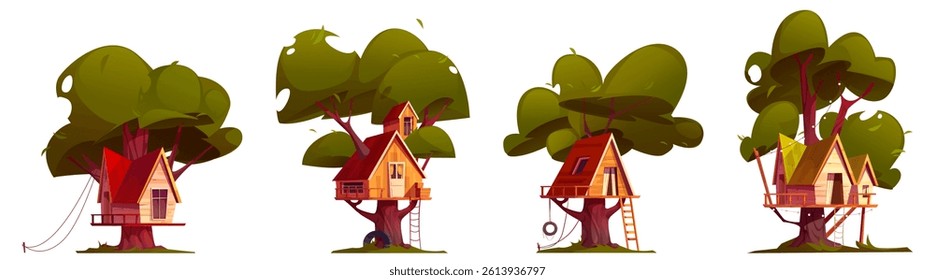 Treehouse on green trees, wooden huts hanging on branches. Forest village homes for kids playground, camping and adventure park. Summer house for children, eco dwelling exterior cartoon vector.