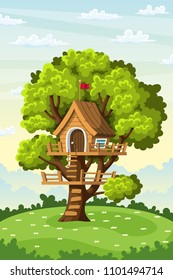 Treehouse On A Meadow In Summer, Vector Illustration