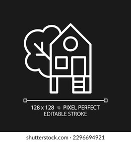 Treehouse pixel perfect white linear icon for dark theme. Building constructed on tree. Forest house for recreation. Thin line illustration. Isolated symbol for night mode. Editable stroke