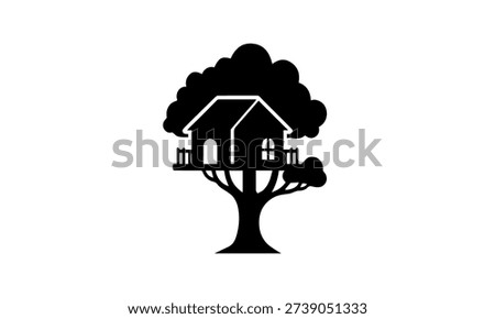 Treehouse Silhouette Vector Illustration featuring a Creative Garden House Icon for Nature Play Adventure and Sustainable Lifestyle Home Design