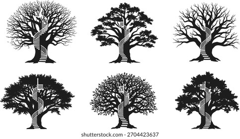 Conjunto de Vectores de silueta de árbol, escaleras y diseños de plataformas, íconos botánicos negros, ilustraciones de árboles de temporada, Paquete de arquitectura de la naturaleza, Elementos gráficos forestales, estructuras creativas