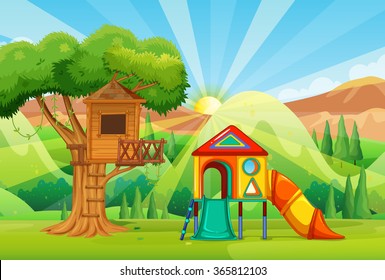 Árboles y diapositivas en la ilustración del parque