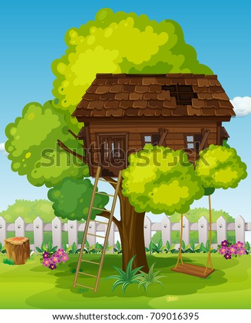 Treehouse with swing in the park illustration