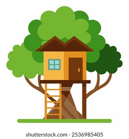  Casa del árbol, Ilustración vectorial. casa del árbol, fuerte del árbol, campamento de verano del cobertizo del árbol aislado en el área blanca del patio de los niños para las aventuras al aire libre.