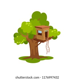 Treehouse, wooden house on tree for kids outdoor activity vector Illustration on a white background