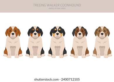 Treeing Walker coonhound puppies clipart. Different poses, coat colors set.  Vector illustration