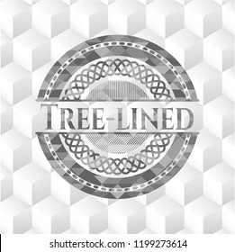 Tree-lined grey badge with geometric cube white background