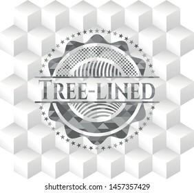 Tree-lined realistic grey emblem with cube white background