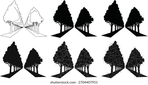 Baumgefütterte Straße, Vektorgrafik-Set, Schwarze Silhouette Kunstwerk, Natur Perspektive Design, Wald Weg Transformation, Landschaft Clipart, künstlerische Outdoor-Paket