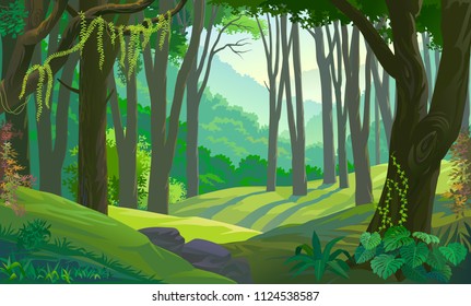 Trees across green fields in a forest