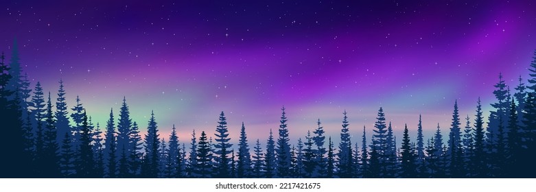 Trees against the background of aurora borealis, winter holiday illustration