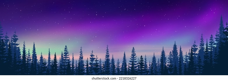 Trees against the background of aurora borealis, winter holiday illustration