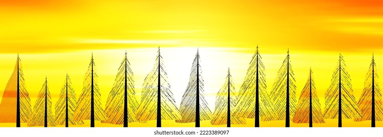 Trees against the background of the sunset sky, i bright vector landscape, panoramic view