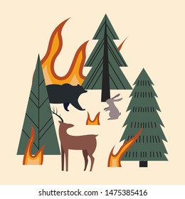 Trees, animals and flames. The forest is on fire. Burning forest with animals - deer, bear and hare. Concept of consequences of forest fires. Flat vector illustration.