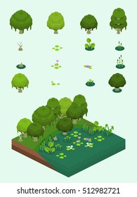 Árboles y plantas acuáticas para el pantano isométrico tipo videojuego y la escena fluvial.