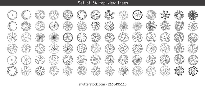 Trees for architectural floor plans. Entourage design. Various trees, bushes, and shrubs, top view for the landscape design plan. Vector illustration.