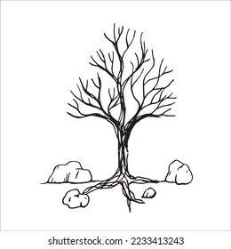 Trees in arid places lack moisture until they dry up and die retro old line art etching vector