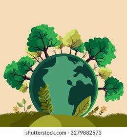 Trees Around The Earth Globe or Planet For World Environment Day Concept.