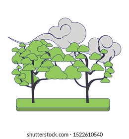 trees and asian clouds icon over white background, vector illustration