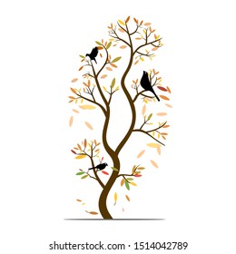 trees in autumn leaves begin to fall out there are birds. illustration vector