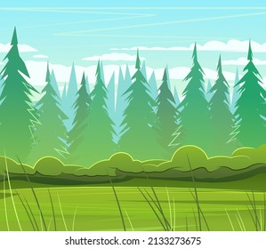 Bäume weg. Taiga-Dicken. Schöner Kiefernwald. Wilde Blumenlandschaft. Illustration im Cartoon Stil flach Design. Vektorgrafik