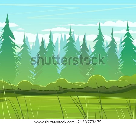 Trees away. Taiga thickets. Beautiful pine forest. Wild floral landscape. Illustration in cartoon style flat design. Vector