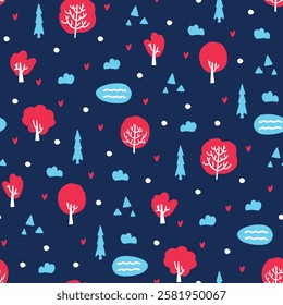 Trees for baby seamless pattern. Forest landscape. Contrast dark blue repeat fabric print for kids outerwear: quilted coats, down jackets, winter boots. Spruce trees for design of children's products.