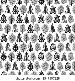 Trees background, black and white seamless pattern