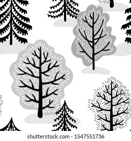 Trees background, black and white seamless pattern
