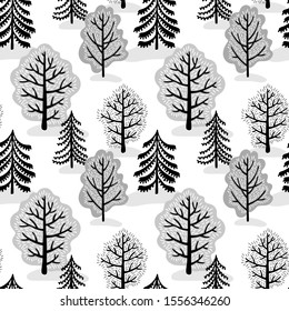 Trees background, black and white seamless pattern