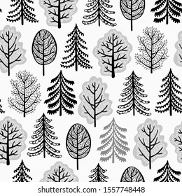 Trees background, black and white seamless pattern