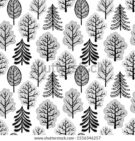 Trees background, black and white seamless pattern