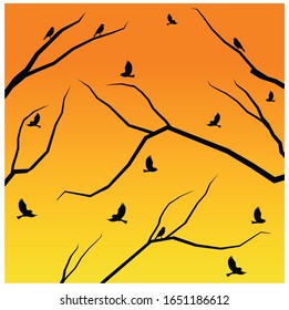 Trees background. The trunk and leaves in separate layers. Vector. 
Birds sitting on the trees and flying