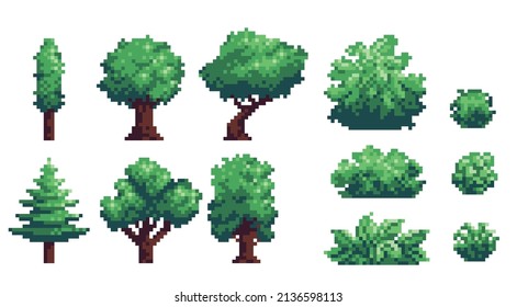 Trees and backyard bushes pixel art icon set. Forest elements logo collection. 8-bit sprite. Game development, mobile app. Isolated vector illustration.