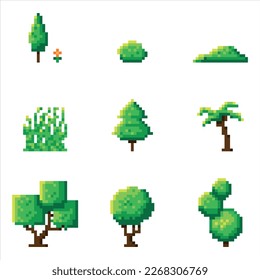 Trees and backyard bushes pixel art icon set. Forest elements logo collection. 8-bit sprite. Game development, mobile app. Isolated vector illustration.