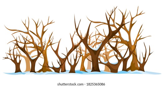 Trees with bare branches in cartoon style. Winter nature landscape.