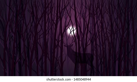 trees with bare branches and lonely deer silhouette in the night forest under full moon, vector nature landscape. woods and animal illustration