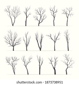 Trees with bare branches silhouette set. Mysterious black growths twisting stems of plants with various tracery forms of shape winter with no forest leaves dry plucked shoots. Abstract vector.