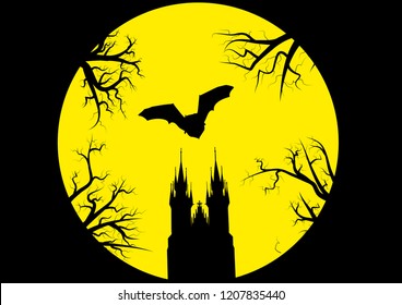 Trees, Bat And Prague Cathedral At The Full Moon Background Halloween Postcard Pattern