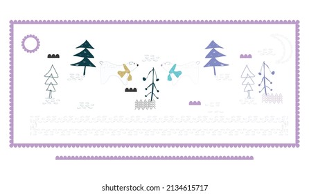 trees, bears in scarves, sun, moon, snowdrifts. decorative frame .high quality for your design.vector illustration.textiles, wallpaper, decor,printing