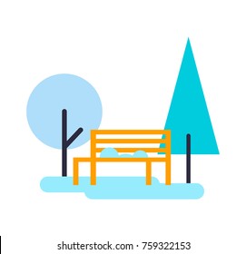 Trees and bench composition, pine and yellow wooden object for you to sit, plants and ice, wintertime poster vector illustration isolated on white