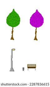 trees, a bench and a lamppost. The park is made in pixel graphics and 2 d