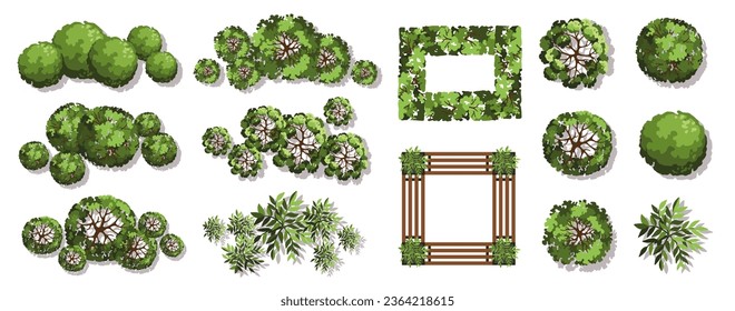Trees and benches for architectural floor plans. Entourage design. Various trees, bushes, and shrubs, top view for the landscape design plan. Vector illustration.